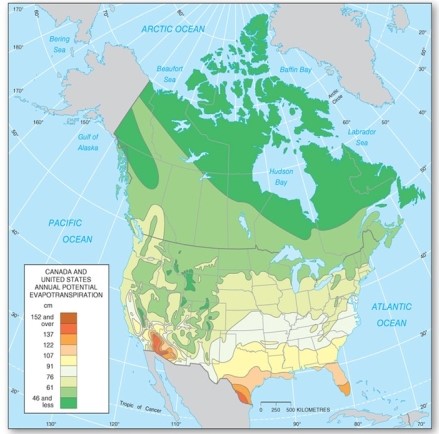   Which of the following is true of evapotranspiration in North America? A) The lowest amounts occur in the Southwest and southern Texas. B) The lowest amounts occur in northern Canada. C) The highest amounts are received in the Midwest. D) The highest amounts are received along the Pacific coast.