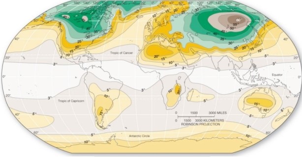   Which best describes global annual temperature ranges? A) The lowest ranges occur over continental interiors in the Northern Hemisphere. B) The greatest ranges occur in the subtropics over the oceans. C) The greatest ranges occur over the continental masses in the Southern Hemisphere. D) The greatest ranges occur in east central Siberia in Russia.
