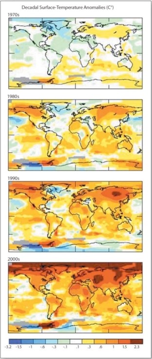   Based on the maps,which of the following is true? A) The 1970s had the greatest degree of temperature anomalies. B) The greatest temperature anomalies of the 1980s accorded in the North Atlantic Ocean. C) There were no significant temperature anomalies in the 1990s. D) The 2000s showed widespread temperature anomalies worldwide.