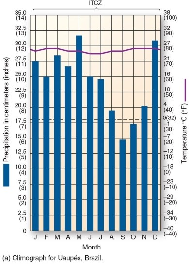   -This climograph is characteristic of which climate type? A) Marine west coast B) Mediterranean C) Tropical savanna D) Tropical rain forest
