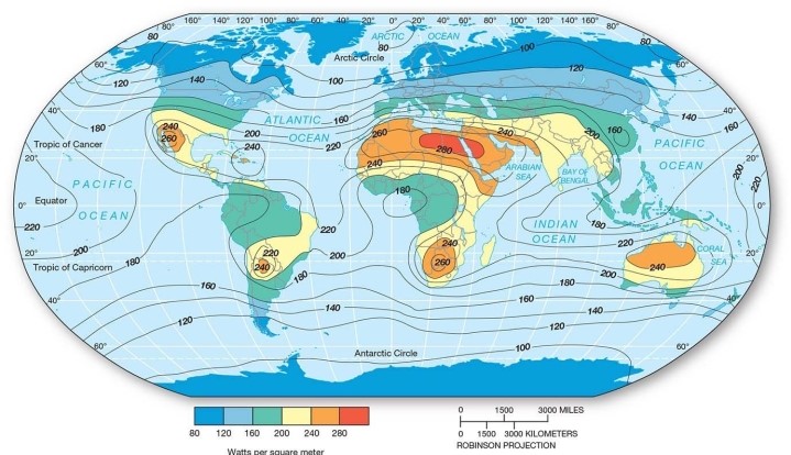   -Which of the following is TRUE? A) Insolation is equal at all surfaces across the globe. B) There is always a very predictable latitudinal gradient of insolation. C) The highest levels of insolation occur in the equatorial and tropical latitudes. D) The poles receive the highest amount of insolation.