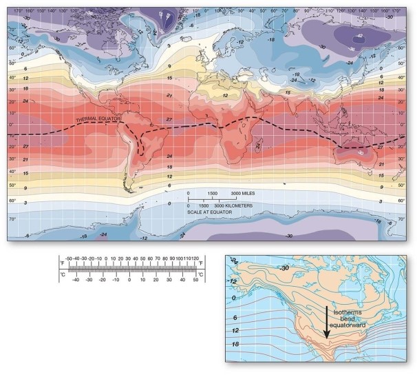   -Which of the following is TRUE? A) The Northern and Southern hemispheres are dominated equally by continentality. B) The Northern and Southern hemispheres are dominated equally by maritime influences. C) Northern Hemisphere temperatures are more strongly dominated by continentality than are Southern Hemisphere temperatures. D) Southern Hemisphere temperatures are more strongly dominated by continentality than are Northern Hemisphere temperatures.