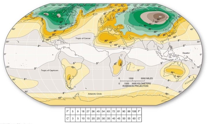   -Which is TRUE for global annual temperature ranges? A) The greatest ranges occur in east central Siberia in Russia. B) The lowest ranges occur over continental interiors in the Northern Hemisphere. C) The greatest ranges occur in the subtropics over the oceans. D) The greatest ranges occur over the continental masses in the Southern Hemisphere.