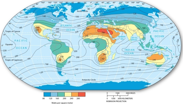   Which of the following is true? A)  The poles receive the highest amount of insolation. B)  Th highest levels of insolation occur in the equatorial and tropical latitudes. C)  There is always a very predictable latitudinal gradient of insolation. D)  Insolation is equal at all surfaces across the globe.