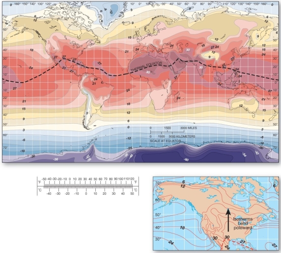  In July, the thermal equator A)  trends equatorward over continents and poleward over the oceans. B)  trends poleward over continents and equatorward over the oceans. C)  assumes an orientation that closely parallels that of the equator. D)  is apparently random and has yet to be adequately explained.