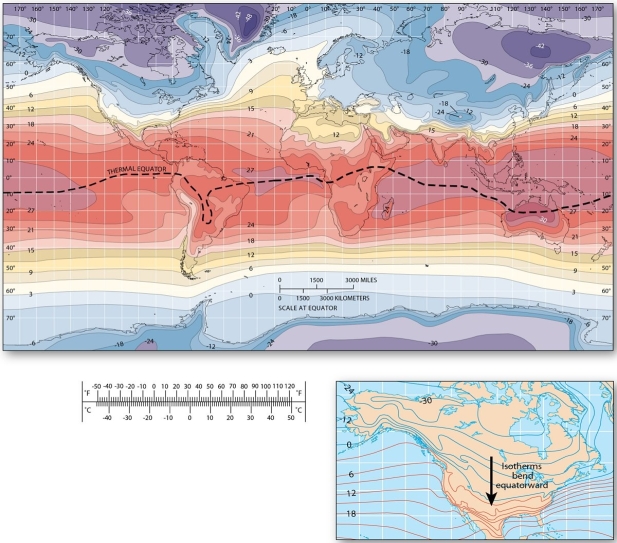   In January, the thermal equator A)  trends southward into the interior of South America and Africa. B)  trends northward over all ocean basins. C)  peaks in the interior of Eurasia. D)  is not influenced by continentality.