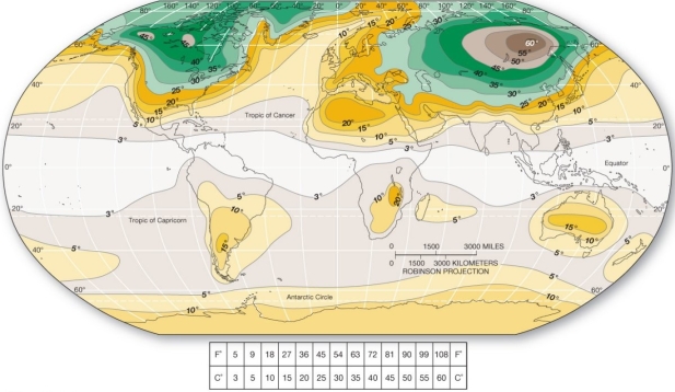   Which is true for global annual temperature ranges? A)  The lowest ranges occur over continental interiors in the Northern Hemisphere. B)  The greatest ranges occur in the subtropics over the oceans. C)  The greatest ranges occur over the continental masses in the Southern Hemisphere. D)  The greatest ranges occur in east central Siberia in Russia.