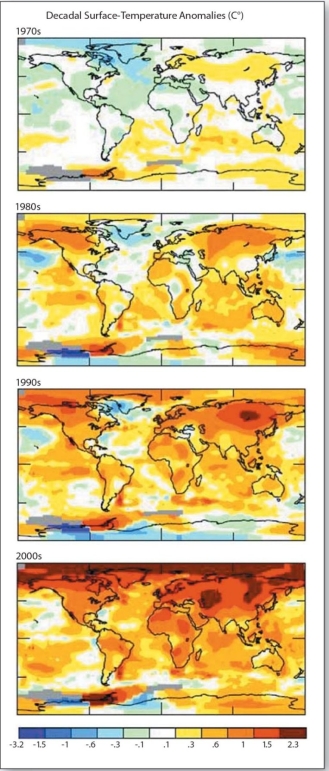   Based on the maps, which of the following is true? A)  The 1970s had the greatest degree of temperature anomalies. B)  The greatest temperature anomalies of the 1980s accorded in the North Atlantic Ocean. C)  There were no significant temperature anomalies in the 1990s. D)  The 2000s showed widespread temperature anomalies worldwide.