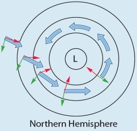   The figure is an example of A)  A high pressure center (anticyclone) . B)  winds influenced by both the pressure gradient and Coriolis forces. C)  wind movement based on the pressure gradient force alone. D)  geostrophic winds.