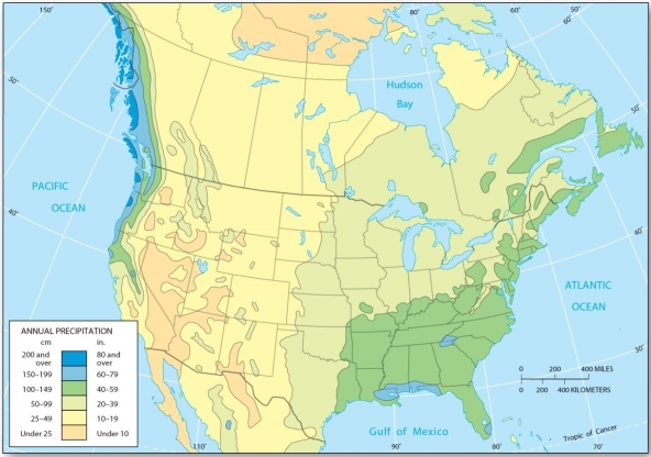   Which of the following is true of precipitation in North America? A)  The highest amounts occur in the Southwest and Midwest. B)  The highest amounts occur in the Southeast and extreme South. C)  The lowest amounts are received in the Midwest. D)  The lowest amounts are received near Hudson Bay.