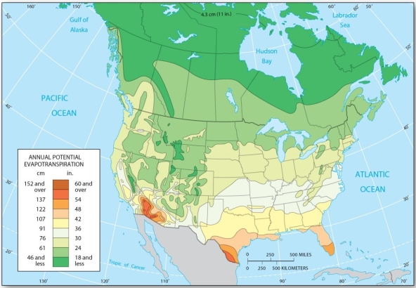   Which of the following is true of evapotranspiration in North America? A)  The lowest amounts occur in the Southwest and southern Texas. B)  The lowest amounts occur in northern Canada. C)  The highest amounts are received in the Midwest. D)  The highest amounts are received in the U.S. Pacific Northwest.