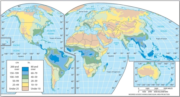   Regarding average annual precipitation, which of the following is correct? A)  The highest amounts occur throughout subtropical latitudes. B)  The drier regions are associated with the eastern portions of major landmasses. C)  The precipitation tends to increase with latitude toward the poles. D)  The highest average values occur along the equator.