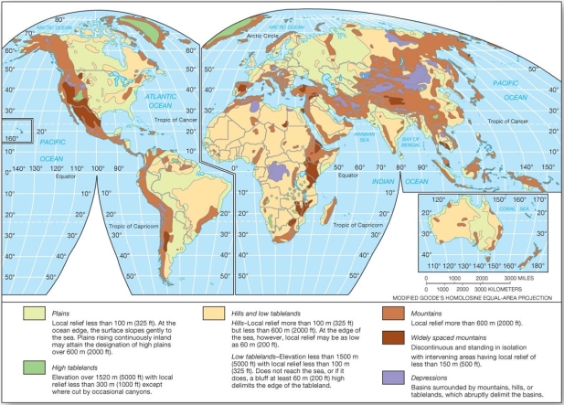   Large portions of North and South America, Asia, and Australia are dominated by which topographic region? A)  plains B)  basins C)  widely space mountains D)  high tablelands