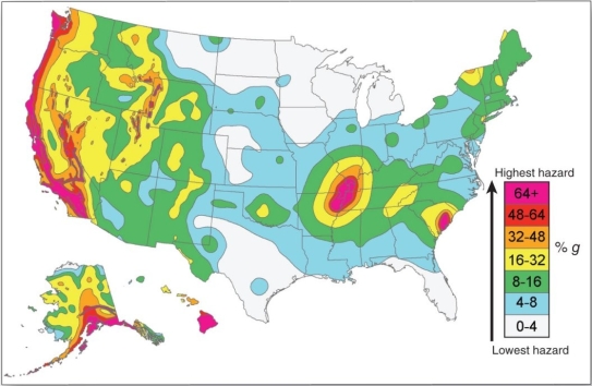   Within the United States, which area has the highest earthquake hazards? A)  west coast B)  east cost C)  Gulf coast D)  mid-continent.