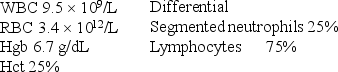 The CBC results for a 3-month-old child are as follows:   The absolute lymphocyte count in this patient would be: A)  1.2 <font face= symbol ></font> 10<sup>9</sup>/L B)  2.4 <font face= symbol ></font> 10<sup>9/</sup>L C)  7.1 <font face= symbol ></font> 10<sup>9</sup>/L D)  7.5 <font face= symbol ></font> 10<sup>9</sup>/L