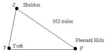 A pilot wishes to fly from Pleasant Hills to Sheldon. She calculates the distances shown using a map, with York for reference since it is due east from Pleasant Hills. What heading should she set for this trip (i.e., what is the measure of angle P) ? 91 miles   790 miles A)  3.8° B)  4.7° C)  5.9° D)  6.6°