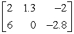 Determine the size of the matrix and identify the entry located in the second row and first column.   A)  3 * 2; 6 B)  2 * 3; 6 C)  3 * 2; 1.3 D)  2 * 3; 1.3