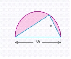  A triangle is inscribed in a semicircle of diameter 6R. Show that the smallest possible value for the area of the shaded region is  \frac { 9 ( \pi - 2 )  R ^ { 2 } } { 2 }  .   Hint: The area of the shaded region is a minimum when the area of the triangle is a maximum. Find the value of x that maximizes the square of the area of the triangle. This will be the same x that maximizes the area of the triangle. A)  The hint tells us that the area of the region is a minimum when the area of the triangle is a maximum. We first find the value of x that maximizes the square of the area of the triangle. The area of the triangle is equal to  A ( x )  = \frac { x } { 2 } \sqrt { ( 6 R )  ^ { 2 } - x ^ { 2 } }  . The square of the area of the triangle is equal to  ( A ( x )  )  ^ { 2 } = 9 R ^ { 2 } x ^ { 2 } - \frac { 1 } { 4 } x ^ { 4 }  , and the substitution  x ^ { 2 } = t  will transform this expression into the quadratic function  - \frac { 1 } { 4 } t ^ { 2 } + 9 R ^ { 2 } t ( 1 )   Since we want to find the maximum value of t, we will substitute the value  t = 18 R ^ { 2 } = x ^ { 2 }  into the equation. Solving for t gives us the following minimum area of the shaded region:  t = \frac { 9 ( \pi - 2 )  R ^ { 2 } } { 2 }  . B)  The hint tells us that the area of the region is a minimum when the area of the triangle is a maximum. We first find the value of x that maximizes the square of the area of the triangle. The area of the triangle is equal to  A ( x )  = \frac { x } { 2 } \sqrt { ( 6 R )  ^ { 2 } - x ^ { 2 } }  . The square of the area of the triangle is equal to  ( A ( x )  )  ^ { 2 } = 9 R ^ { 2 } x ^ { 2 } - \frac { 1 } { 4 } x ^ { 4 }  The substitution  x ^ { 2 } = t  will transform this expression into the quadratic function  - \frac { 1 } { 4 } t ^ { 2 } + 9 R ^ { 2 } t ( 1 )   Since the graph of equation (1)  will be a parabola opening downward, the input t that yields a maximum value for this function is  t = \frac { - b } { 2 a } = 18 R ^ { 2 }  Substituting the value  t = 18 R ^ { 2 }  into the equation  t = x ^ { 2 }  gives us  x ^ { 2 } = 18 R ^ { 2 }  and consequently  x = 3 R \sqrt { 2 }  (The negative root can be rejected since the side of a triangle can't be negative) . With this value of x, we can calculate the minimum area of the shaded region. The minimum area of the shaded region is equal to  \frac { 9 \pi R ^ { 2 } } { 2 } - \frac { 1 } { 2 } x \sqrt { ( 6 R )  ^ { 2 } - x ^ { 2 } }  Substituting the value  x = 3 R \sqrt { 2 }  in the equation (2)  gives us that the minimum value of the shaded region is equal to  \frac { 9 ( \pi - 2 )  R ^ { 2 } } { 2 }  . C)  The hint tells us that the area of the region is a minimum when the area of the triangle is a maximum. We first find the value of x that maximizes the square of the area of the triangle. The square of the area of the triangle is equal to  \frac { 1 } { 4 } 9 R ^ { 2 } x ^ { 2 } + \frac { 1 } { 4 } x ^ { 4 }  . The substitution  x ^ { 2 } = t  will transform this into the quadratic function  \frac { 1 } { 4 } 9 R ^ { 2 } t + \frac { 1 } { 4 } t ^ { 2 }  Since the graph of equation (1)  will be a parabola opening downward, the input t that yields a maximum value for this function is  t = \frac { - b } { 2 a } = 9 R ^ { 2 }  Substituting the value  t = 9 R ^ { 2 }  into the equation  t = x ^ { 2 }  gives us  x ^ { 2 } = 9 R ^ { 2 }  and consequently  x = 3 R  . With this value of x, we can calculate the minimum area of the shaded region. The minimum area of the shaded region is equal to  \pi 9 R ^ { 2 } - \frac { 1 } { 2 } x \sqrt { 6 R ^ { 2 } - x ^ { 2 } }  Substituting the value  x = 3 R  into the equation (2) , we find that the minimum value of the shaded region is equal to  \frac { 9 ( \pi - 2 )  R ^ { 2 } } { 2 }  . D)  The hint tells us that the area of the region is a minimum when the area of the triangle is a maximum. We first find the value of x that maximizes the square of the area of the triangle. The square of the area of the triangle is equal to  A ( x )  = \frac { x } { 2 } \sqrt { ( 6 R )  ^ { 2 } - x ^ { 2 } }  , which is a quadratic function. The graph of this function will be a parabola opening downward, so we can write the maximum value of this function as:  x ^ { 2 } = \frac { - b } { 2 a } = 18 R ^ { 2 }  We can then write  x ^ { 2 } = 18 R ^ { 2 }  as  x ^ { 2 } = 18 R ^ { 2 }  and calculate the minimum area of the shaded region. Substituting this value into the area equation, we find its minimum area:  \frac { 9 ( \pi - 2 )  R ^ { 2 } } { 2 }  . E)  The hint tells us that the area of the region is a minimum when the area of the triangle is a maximum. We first find the value of x that maximizes the square of the area of the triangle. The square of the area of the triangle is equal to  \frac { 1 } { 2 } 9 ^ { 2 } R ^ { 2 } x ^ { 2 } - \frac { 1 } { 4 } x ^ { 4 }  . The substitution  x ^ { 2 } = t  will transform this into the quadratic function  \frac { 1 } { 2 } 9 ^ { 2 } R ^ { 2 } t - \frac { 1 } { 4 } t ^ { 2 }  Since the graph of equation (1)  will be a parabola opening downward, the input t that yields a maximum value for this function is  t = \frac { - b } { 2 a } = 3 R ^ { 2 }  Substituting the value  t = 3 R ^ { 2 }  into the equation  t = x ^ { 2 }  gives us  x ^ { 2 } = 3 R ^ { 2 }  and consequently  x = R \sqrt { 7 }  . With this value of x, we can calculate the minimum area of the shaded region. The minimum area of the shaded region is equal to  \frac { \pi 9 R ^ { 2 } } { 4 } - \frac { 1 } { 2 } x \sqrt { 9 R ^ { 2 } - x ^ { 2 } }  Substituting the value  x = R \sqrt { 7 }  into the equation (2) , we find that the minimum value of the shaded region is equal to  \frac { 9 ( \pi - 2 )  R ^ { 2 } } { 2 }  . 