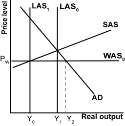 In the graph shown, what is globally constrained potential output?   A) Y<sub>2</sub> -Y1. B) Y<sub>2</sub> -Y0. C) Y0. D) Y1.