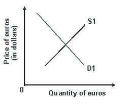 Refer to the graph shown.An increase in the U.S.price level would shift:   A) D<sub>1</sub> right and S<sub>1</sub> left, causing an appreciation of the euro. B) D<sub>1 </sub>left and S<sub>1</sub> right, causing a depreciation of the euro. C) D<sub>1</sub> right and S<sub>1</sub> right, causing a depreciation of the euro. D) D<sub>1</sub> left and S<sub>1</sub> left, causing an appreciation of the euro.