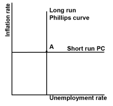 If the economy is at point A in the Phillips curve graph shown and the government runs expansionary monetary policy, what prediction would you make for inflation?   A) It will increase. B) It will decrease. C) It will remain constant. D) It will explode.