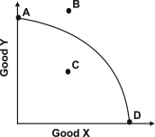 Refer to the graph below.   If the production possibility curve shifts along the Good Y axis, which point will remain as a point of efficiency? A) A B) B C) C D) D