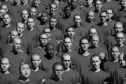Consider this image of Marines training at Parris Island.How is Marine boot camp an example of a total institution? What do you see in the photograph that supports your analysis? Offer an example of a total institution other than the military.What are two things that all total institutions have in common?  