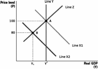 Use the following graph to answer the next four questions.    -In a typical aggregate supply and demand model, Line Y represents____ , while Line Z represents ____. A)  short-run aggregate supply; long-run aggregate supply B)  long-run aggregate supply; short-run aggregate supply C)  long-run aggregate demand; short-run aggregate supply D)  long-run aggregate supply; short-run aggregate demand E)  short-run aggregate demand; short-run aggregate supply
