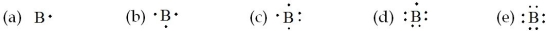 Which of the following is the electron dot formula for an atom of boron?   A) (a)  B) (b)  C) (c)  D) (d)  E) (e) 