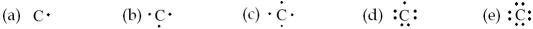 Which of the following is the electron dot formula for an atom of carbon?   A) (a)  B) (b)  C) (c)  D) (d)  E) (e) 