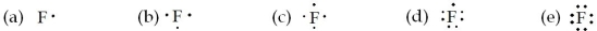 Which of the following is the electron dot formula for an atom of fluorine?   A) (a)  B) (b)  C) (c)  D) (d)  E) (e) 