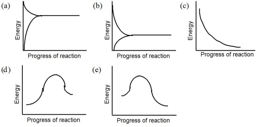 Refer to the following graphs to answer the question(s) below.   -What is the reaction profile for: N₂O₄(g) + heat   2 NO₂(g) ? A) Graph (a)  B) Graph (b)  C) Graph (c)  D) Graph (d)  E) Graph (e) 