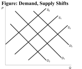   Reference: Ref 4-8 (Figure: Demand, Supply Shifts)  In the figure, the initial demand curve is D1 and the initial supply curve is S1. Suppose this depicts the market for corn. How does the market change when flooding in Iowa destroys a significant amount of the corn crop. A)  S1 will shift to S2. B)  D1 will shift to D2. C)  S1 will shift to S3. D)  There will be no change in supply or demand in the market for corn.