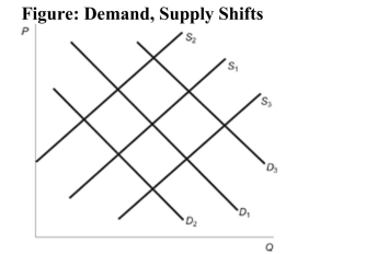   Reference: Ref 4-8 (Figure: Demand, Supply Shifts)  In the figure, the initial demand curve is D1 and the initial supply curve is S1. Resource prices in this market increase; at the same time, the consumer population declines as migration causes an outflow of population to other regions. What happens to the supply curve and/or demand curve? A)  S1 shifts to S2 but then shifts back to S1. D1 remains at D1. B)  S1 shifts to S3 and D1 shifts to D2. C)  S1 shifts to S2 and D1 shifts to D3. D)  S1 shifts to S2 and D1 shifts to D2.