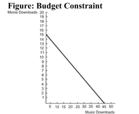   Reference: Ref 23-4 (Figure: Budget Constraint)  Refer to the figure. What is the relative price of music downloads to movie downloads? A)  3 B)  1/3 C)  5 D)  4