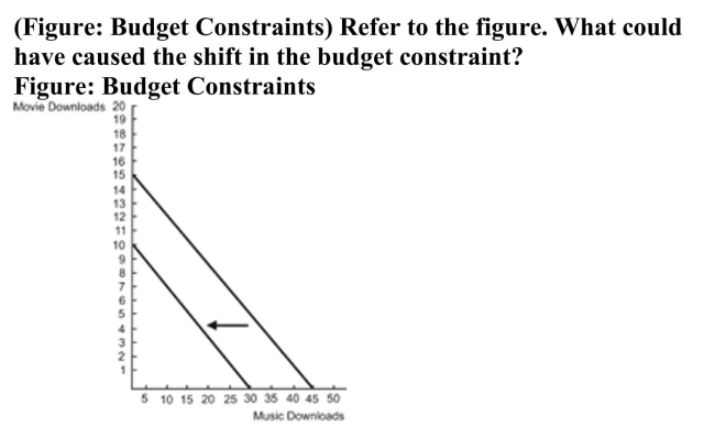   A)  The price of music downloads decreased. B)  The price of movie downloads increased. C)  This consumer's income increased. D)  This consumer's income decreased.