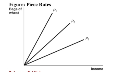   Reference: Ref 21-1 (Figure: Piece Rates)  Refer to the figure. A piece rate is offered for every 10 bags of wheat that workers fill. Which of the three piece rates plotted in the figure above has the lowest dollar value? A)  P1 B)  P2 C)  P3 D)  All three piece rates are of equal value.