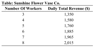   Reference: Ref 17-2 (Table: Sunshine Flower Vase Co.)  Refer to the table. If the market wage for each worker is $100 per day, how many workers will the company hire? A)  4 B)  5 C)  6 D)  7