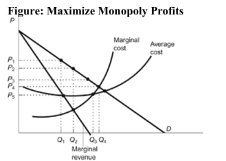   Reference: Ref 13-4 (Figure: Maximize Monopoly Profits)  Refer to the figure. The monopolist will maximize its profit by producing at output equal to: A)  Q1. B)  Q2. C)  Q3. D)  Q4.