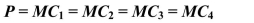 In a competitive market with four firms (indicated as Firm 1, Firm 2, Firm 3, and Firm 4), which of the following is the condition that enables all sellers to maximize profit? A. P = ATC for all firms B. Profit = Total Revenue - Total Cost for all firms C.    D. MC is minimized in all firms.