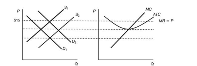 Figure: Industry Firms   Reference: Ref 11-9 (Figure: Industry Firms)  Use the figures. The market for a normal good is characterized by demand curve D2 and supply curve S2. A decrease in income will cause: A)  the demand curve to shift D1 causing firms to earn economic profits. The supply curve will not change, so price will rise and firms will earn normal profits. B)  the supply curve to shift D1 causing firms to earn economic profits. The supply curve will decrease to S1 as firms exit the industry. Eventually the market price will rise and firms will earn above normal profits. C)  the demand curve to shift D1 causing firms to earn economic losses. The supply curve will decrease to S1 as firms exit the industry. Eventually the market price will rise and firms will earn normal profits. D)  the supply curve to shift S1 causing firms to earn economic losses. The demand curve will decrease to D1 as firms enter the industry. Eventually the market price will fall and firms will earn normal profits.