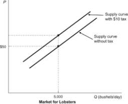 Figure: Lobster Market   In the figure, a $10 tax is imposed on the market for lobsters. What is the market price that lobster producers would need to receive to induce them to produce 5,000 bushels of lobster per day? A)  $10 B)  $40 C)  $50 D)  $60