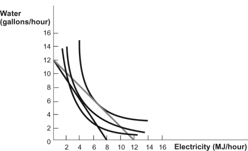 Use the following to answer questions: Figure: Water and Electricity   -(Figure: Water and Electricity)  Refer to the figure. Using the solid budget constraint in this diagram, if electricity costs $6 per MJ, how much does a gallon of water cost? A)  $4 B)  $6 C)  $8 D)  $12