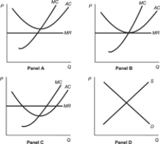 Use the following to answer questions: Figure: Profits and Competitive Firms   -(Figure: Profits and Competitive Firms)  Refer to the four panels in the figure. Which panel shows a competitive firm making positive economic profits? A)  Panel A B)  Panel B C)  Panel C D)  Panel D