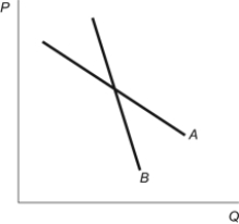 Figure: Demand Elasticities   Refer to the figure. It shows two different demand curves. Based on the graph, which statement is TRUE? A)  Elasticity of demand equals the slope of the curve so demand curve A is more elastic. B)  Elasticity of demand equals the slope of the curve so demand curve B is more elastic. C)  Since these two linear demand curves run through a common point we can say that at any given quantity, demand curve A is more elastic than curve B. D)  We cannot infer anything about elasticity from this diagram because slope does not equal elasticity.