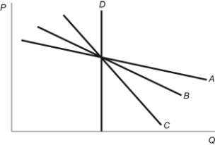 Figure: Price Elasticity of Demand   Refer to the figure. Which of the four demand curves has the greatest responsiveness to price changes? A)  A B)  B C)  C D)  D