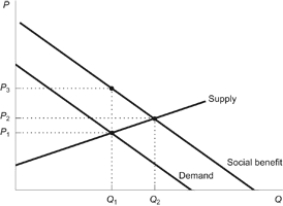 Figure: Social Benefit   Refer to the figure. Which price and quantity combination represents the efficient equilibrium? A)  P<sub>1</sub> and Q<sub>1</sub> B)  P<sub>2</sub> and Q<sub>1</sub> C)  P<sub>3</sub> and Q<sub>1</sub> D)  P<sub>2</sub> and Q<sub>2</sub>