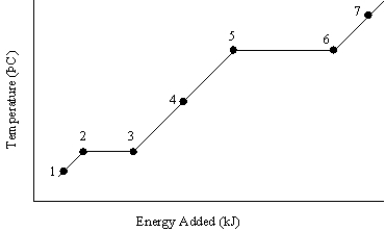 The graph below represents a temperature versus energy plot for a pure substance.   Identify the point(s) where: (i) only gas exists (ii) both solid and liquid exist A) (i)  7 (ii)  2 and 3 B) (i)  7 (ii)  5 and 6 C) (i)  1 (ii)  2 and 3 D) (i)  4 (ii)  5 and 6 E) (i)  4 (ii)  2 and 3