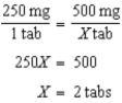 2 tabs 2 tab 2 Dosage ordered = 500 mg/X tab Dosage on hand = 250 mg/1 tab  