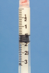 Identify the dosage measured on the syringe.  